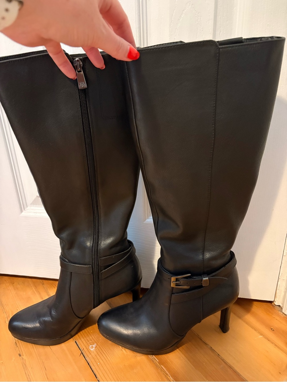 Naturalizer Black Leather Knee-High Heeled Boots with Buckle